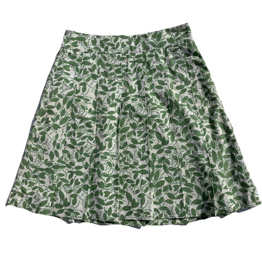 J. CREW 100% Cotton Pleated A-line Skirt Off White with Sage Green Leaves Size 2